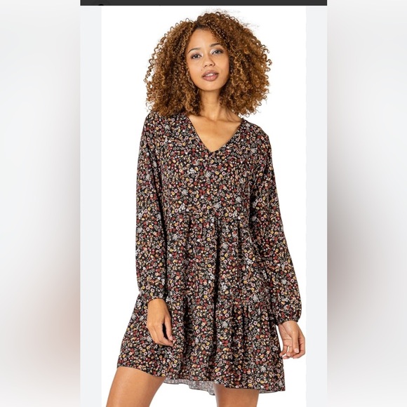 Matilda Jane Dresses & Skirts - Matilda Jane Black Floral V-Neck Long Sleeve Tiered Dress, Boho Cottagecore